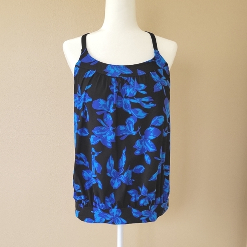 Lands End Blousen Blue Black Floral Tankini Top - Size 14